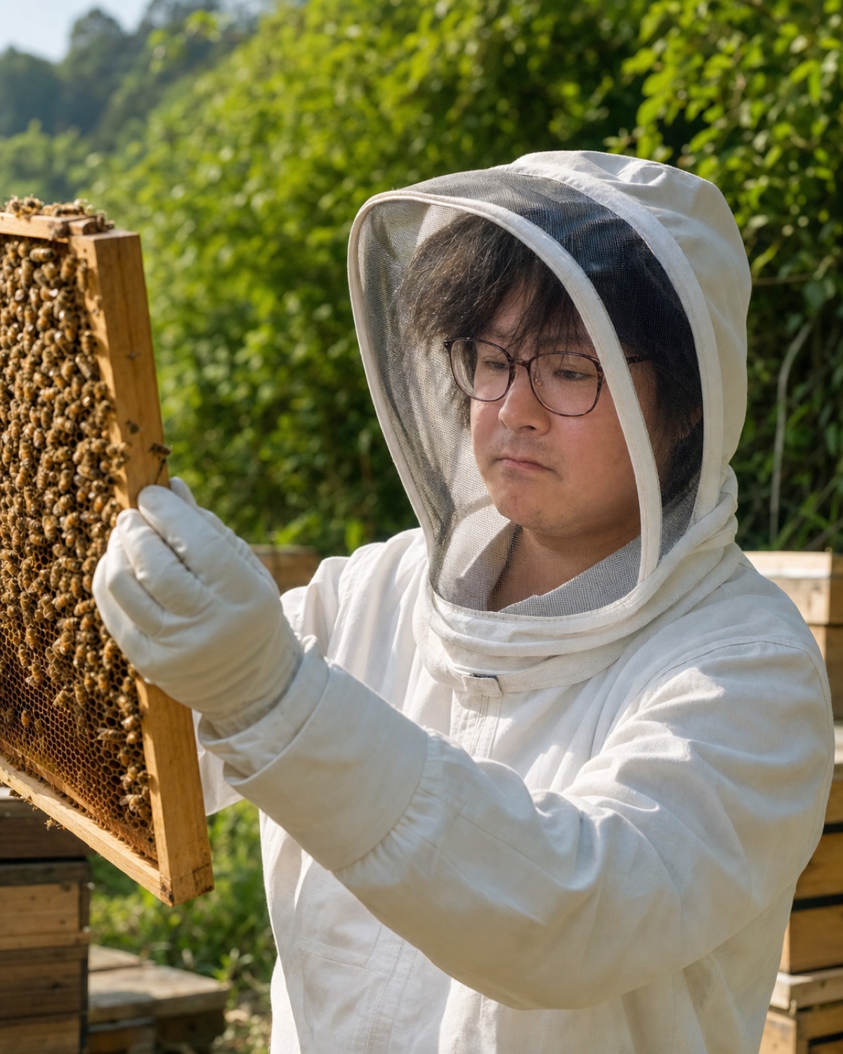梅島ふるうつ屋の養蜂家が巣枠を確認する様子